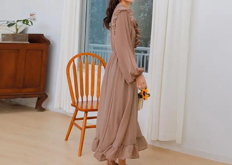 European style New arrivals summer Spring fashion women clothes temperament solid color vintage chiffon dress T3255