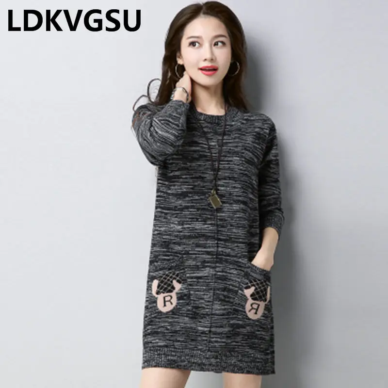 2018 New Spring Autumn Wave Sweater Dress Women Korean Knitted Pullover Loose Plus Size Long Sleeve Print Bottoming Shirt Is1082 | Женская