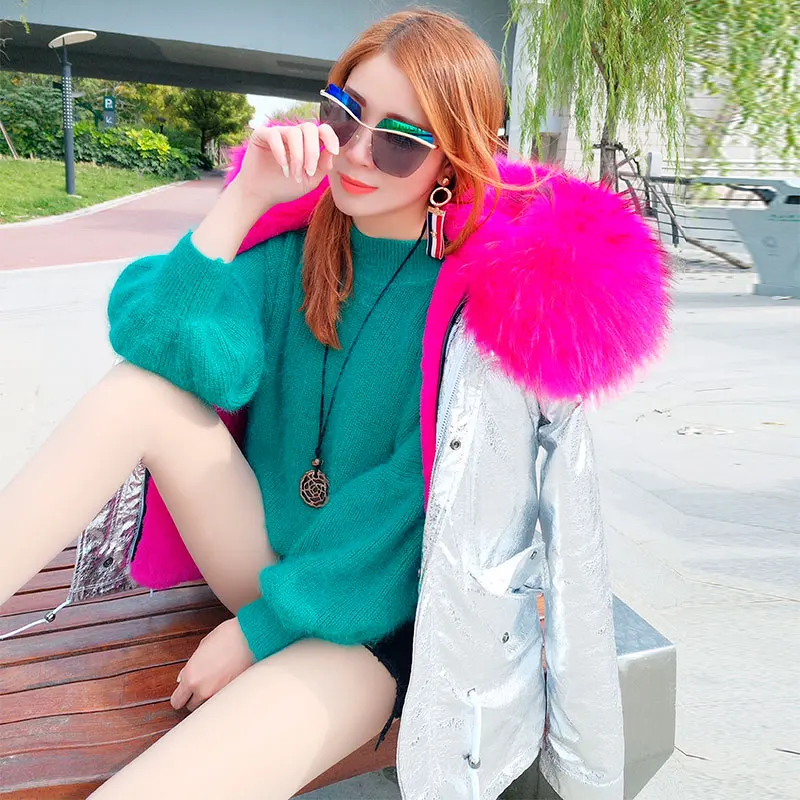 Big Real Fur Hooded Loose Pockets Waterproof Silver Thick Warm Parkas Coats Office Lady Red Faux Liner Brand Jackets Outwear Hot | Женская