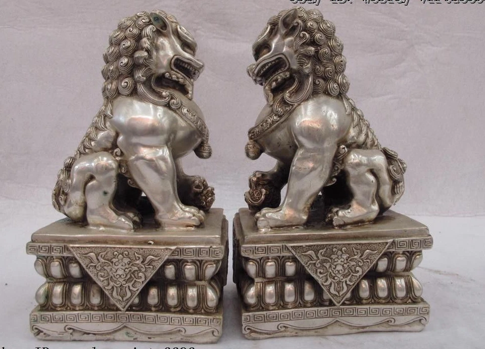 8.5 Chinese White Copper Silver Evil Feng Shui Fu Foo Dog Lion beast Statue pair | Дом и сад