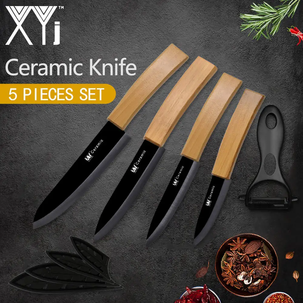 Handle Style 1 XYj, кухонный нож с бамбуковой ручкой, аксессуары для приготовления пищи, черное лезвие, керамический нож, набор кухонных инструментов " 4" " 6"+ Овощечистка - Цвет: Handle Style 1