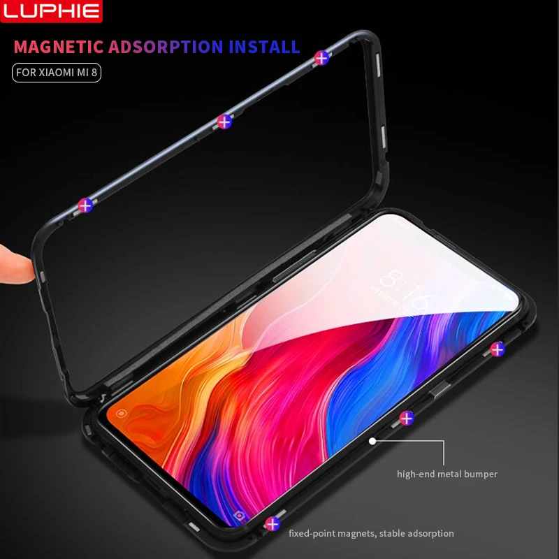 LUPHIE для xiaomi mi 8 чехол с магнитной адсорбцией металлический бампер + закаленное