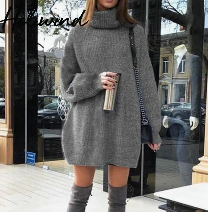 2019 зимнее женское серое черное платье свитер с высоким воротником повседневное