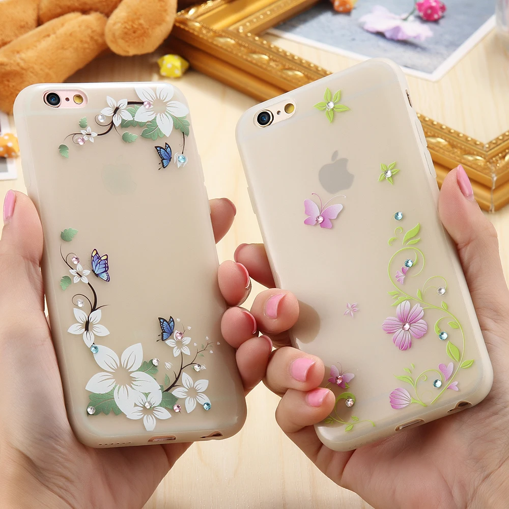 Алмаз Световой Чехол Для iphone 6/6 S Мягкие TPU Печать девчушки Крышка Бабочки Цветок