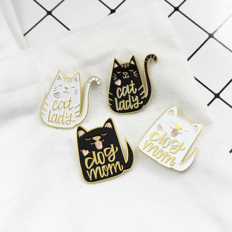 Черная белая кошка собака брошь Собака Мама кошка леди любовь Kawaii животное Эмаль Булавка одежда Нагрудный значок животное кошка пара День матери Подарки