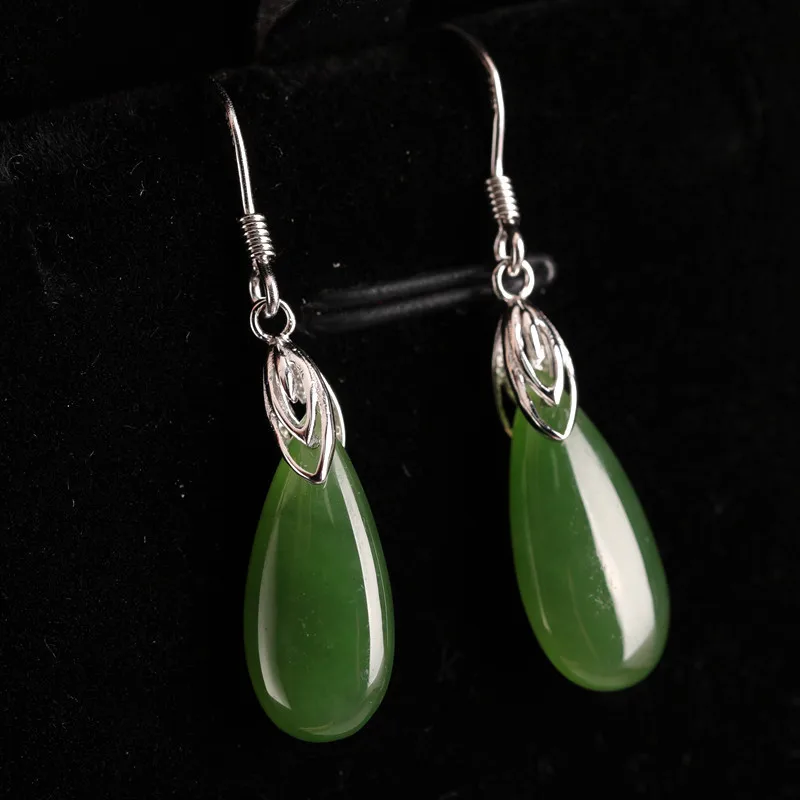 Certificate 925 Sterling Silver Earing Natural Green Jade Earrings For Women Plant Wedding Jewellery Gift box | Украшения и
