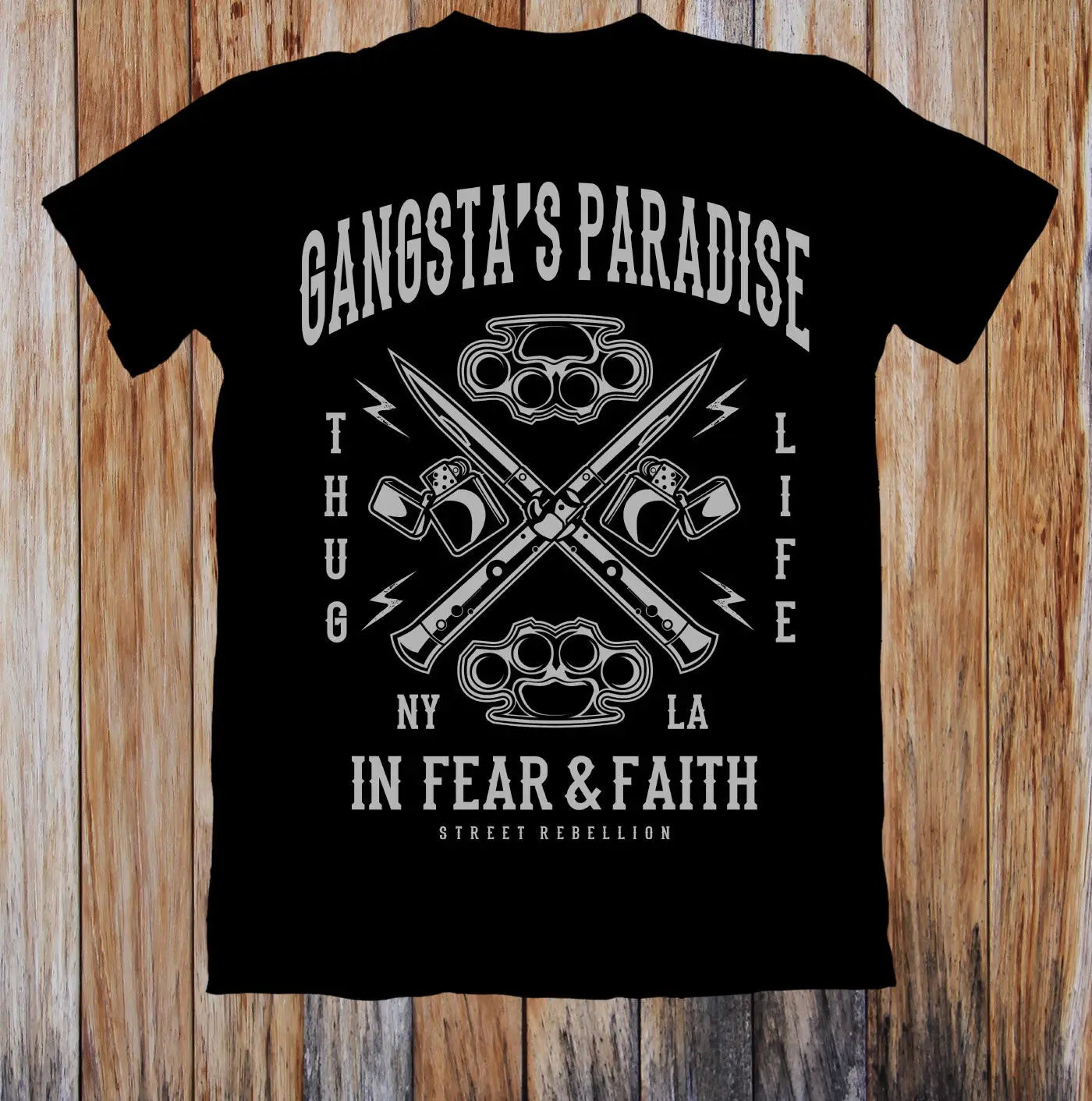 

Hot 2019 Fashion Black Cotton T-Shirt Gangsta'S Paradise In Fair & Faith Unique T Shirts