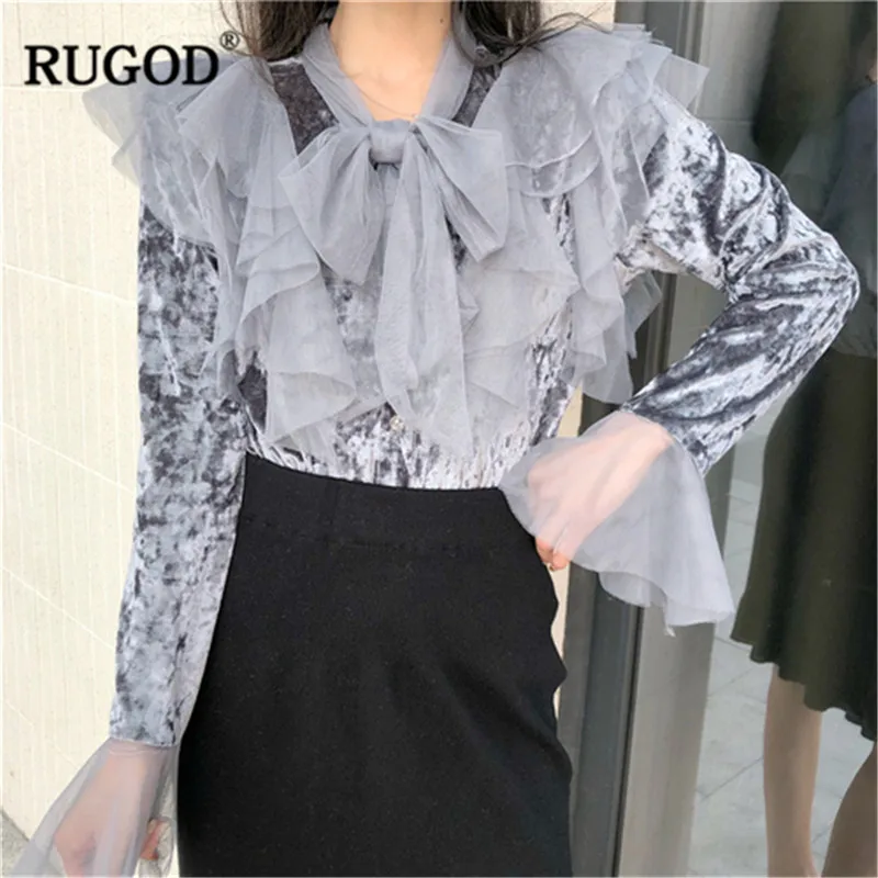 Женские велюровые рубашки RUGOD винтажные однотонные Топы с бантом элегантные
