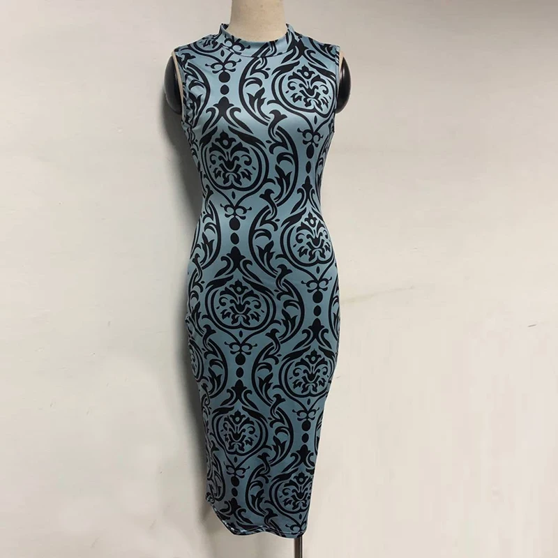 Vintage flower print bodycon midi dress Women sleeveless slim fit pencil summer Elegant party dresses vestidos verano 2019 | Женская