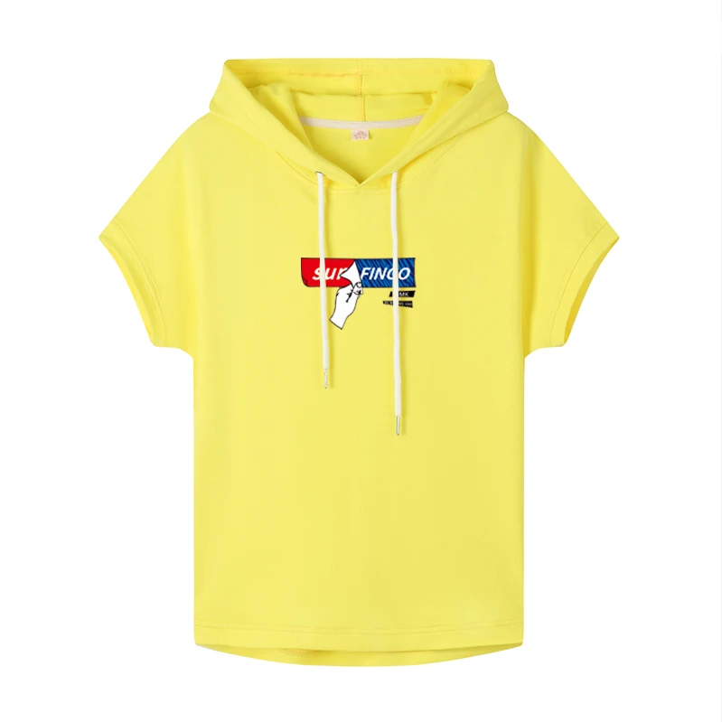 yellow Женская футболка, новинка, с капюшоном, свободная, летняя, повседневная, красная, белая, с коротким рукавом, большой размер, женская, модная, с принтом, футболка из хлопка - Цвет: yellow