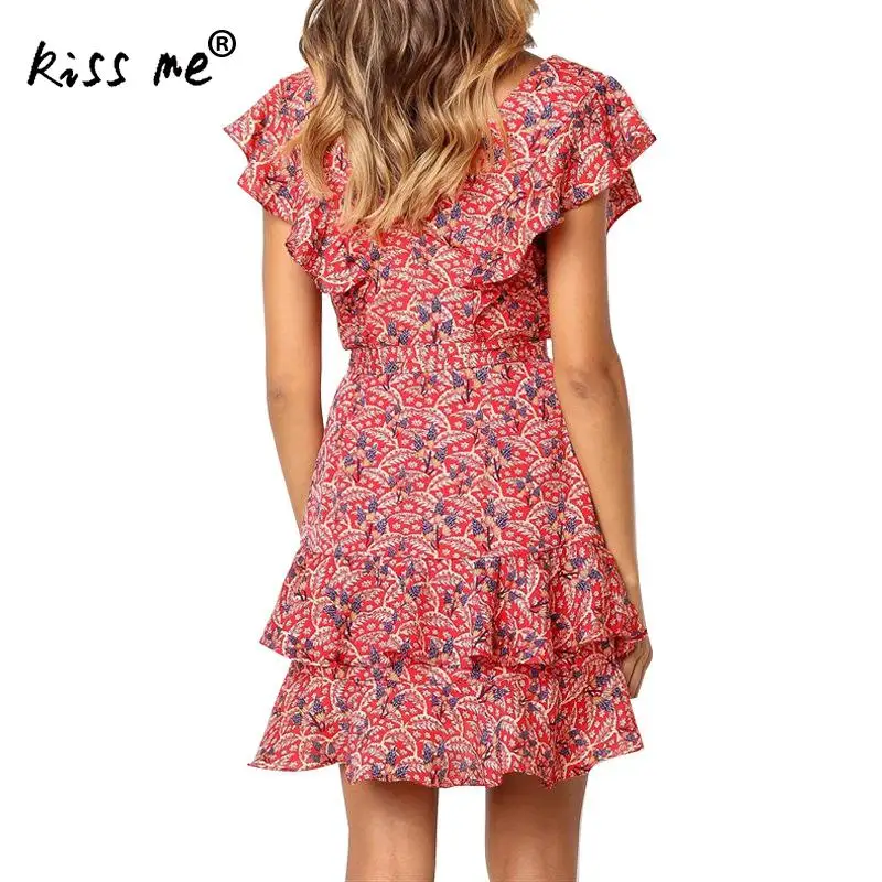 Женское пляжное мини-платье с цветочным принтом коротким рукавом поясом