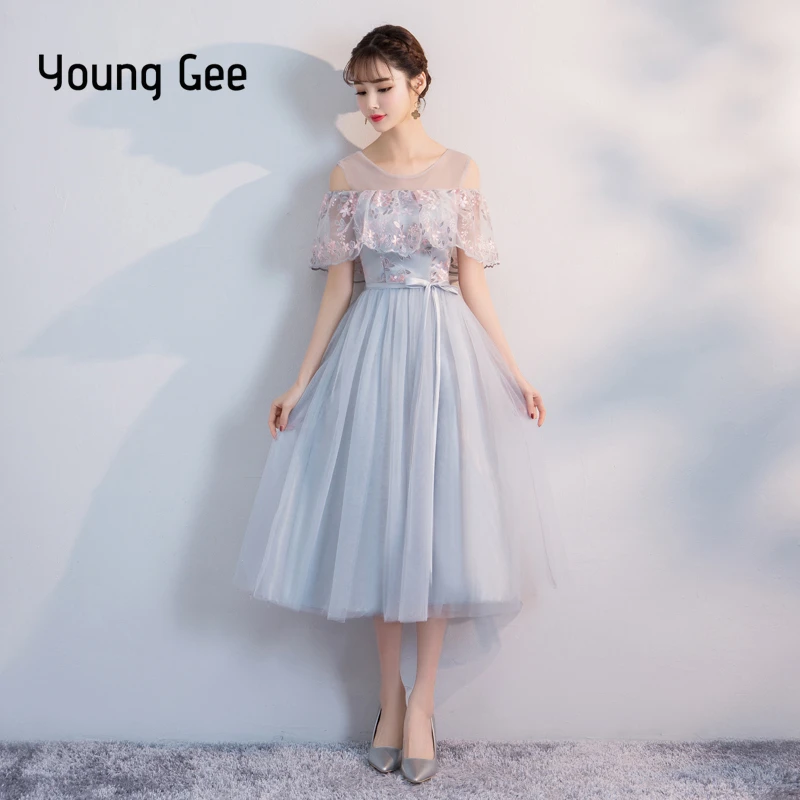 

Young Gee Blue Gray Womens Summer Lace Embroidery Floral Dress Off the Shoulder Party Girl Ball Gown Midi Dresses vestidos