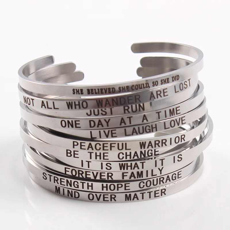 

Wholesale 10pcs stainless steel bangle bracelets men's women's etching words silver plated love open cuff charm fashion jewelry