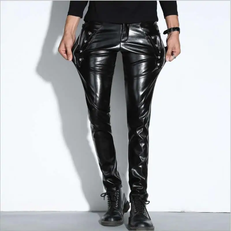 New Men Skinny Leather Pants Fashion Faux Leather Trousers For Male DJ Rock Stage Club Wear Biker Motorcycle Pants