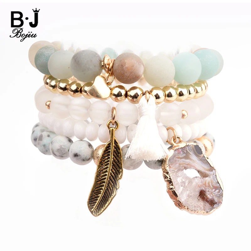 

Fashion Trendy Natural Stone Charm Bracelet Sets For Women Amazonite Agates Druzy Crystal Leaf Pendant Bracelets Ladies BCSET20