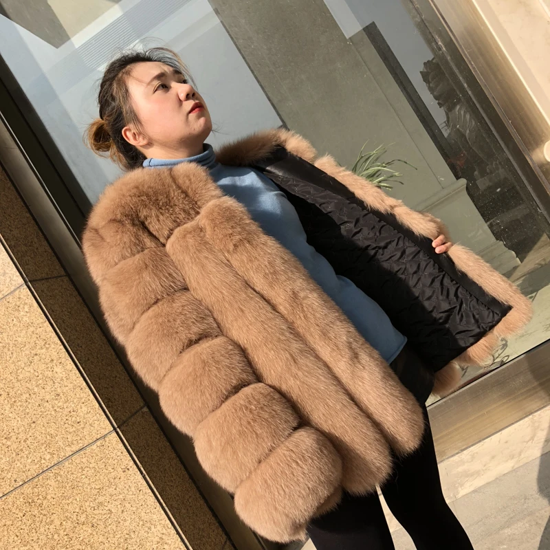 Женская зимняя шуба из натурального Лисьего меха в полоску,, Большая Меховая куртка с длинным рукавом, теплое толстое пальто из лисьего меха