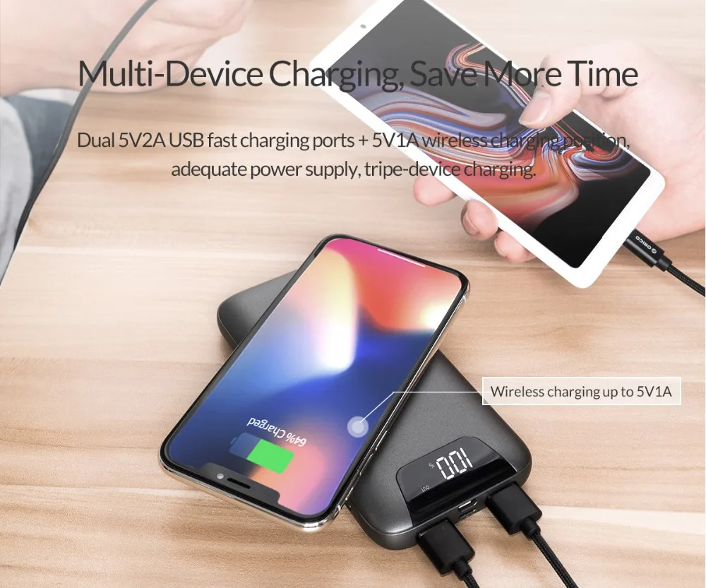 ORICO 10000 мАч Внешний аккумулятор, Беспроводная зарядка, двойной USB внешний аккумулятор с ЖК-дисплеем, внешняя батарея для iPhone, samsung, Xiaomi