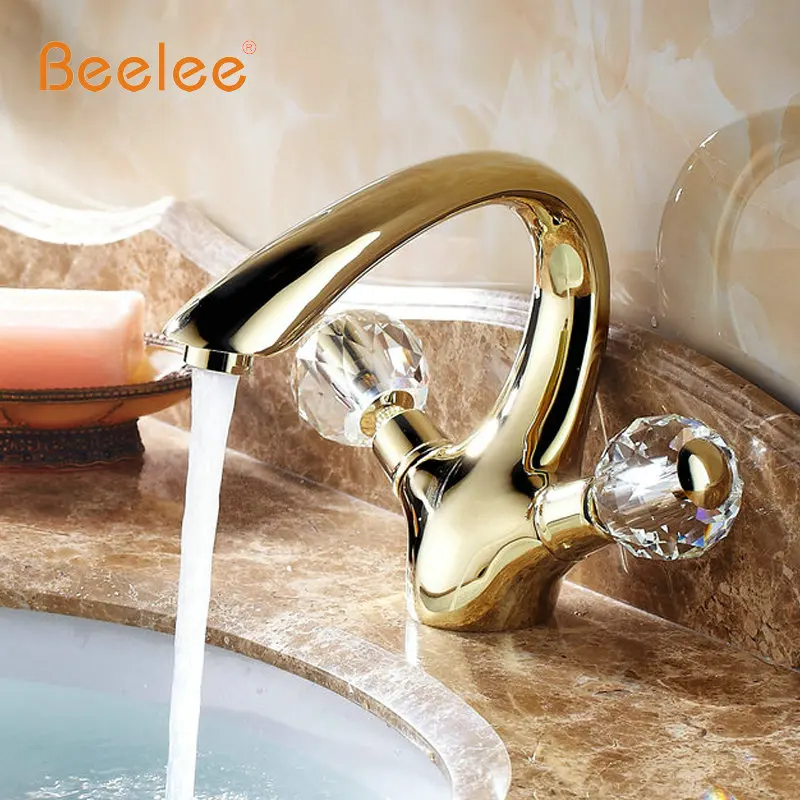 Кран Beelee для ванной комнаты золотой Латунный кран раковины с кристаллами туалета