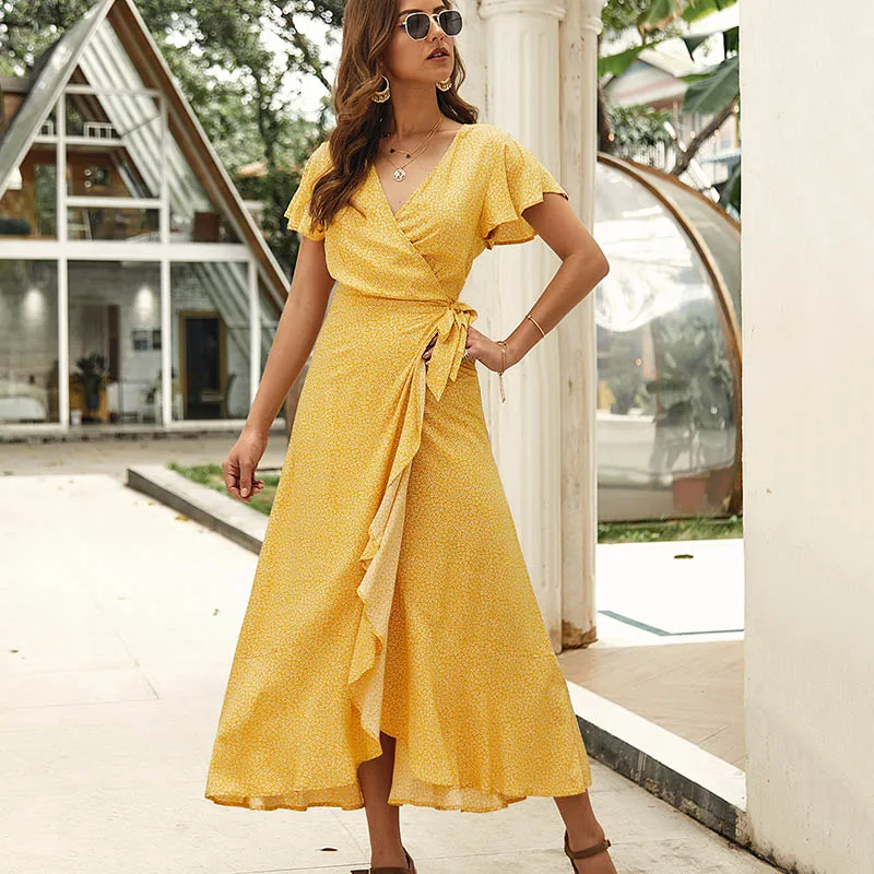 Цветочный принт с v образным вырезом асимметричным подолом оборками подол платья