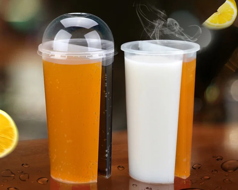 

300pcs 700ml Creative Thickened Double Grid Disposable Plastic Cup Hot Cold Drink Juice Share cup Couple sharing cup wen5503