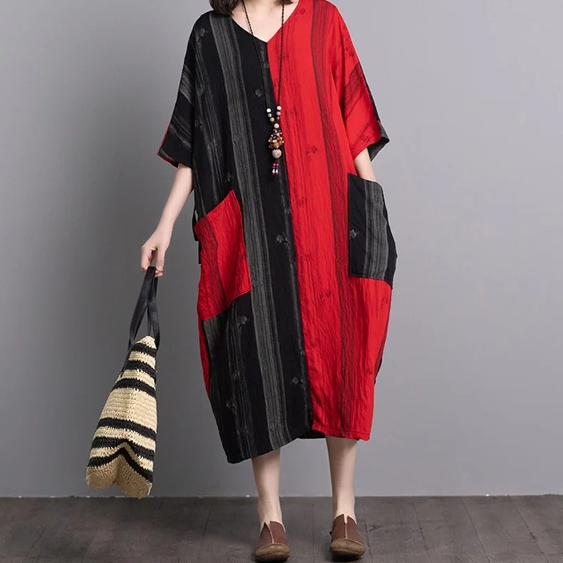 Женское винтажное платье с большими карманами свободное асимметричное в