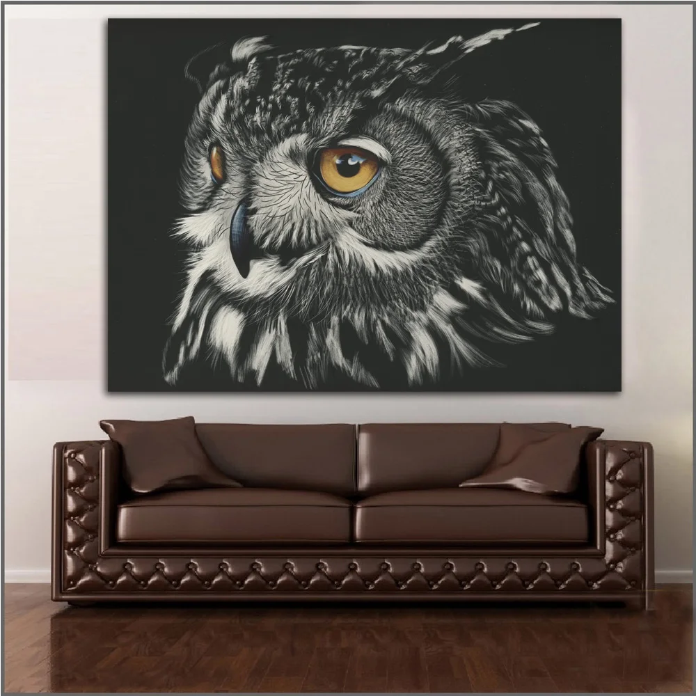 Картина с принтом Совы глаза черный фон голова клюв картина домашний декор