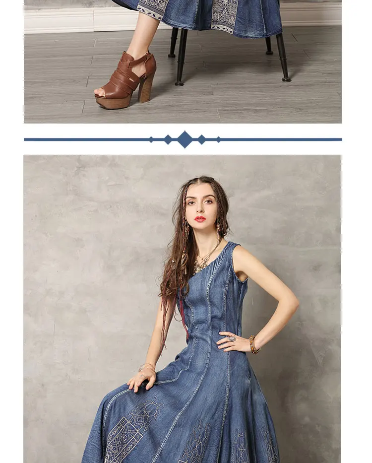 Летнее платье Yuzi. may Boho, новые джинсовые женские платья с круглым вырезом, без рукавов, сарафан с вышивкой, качели с подолом, Vestido DZ301 Vestidos