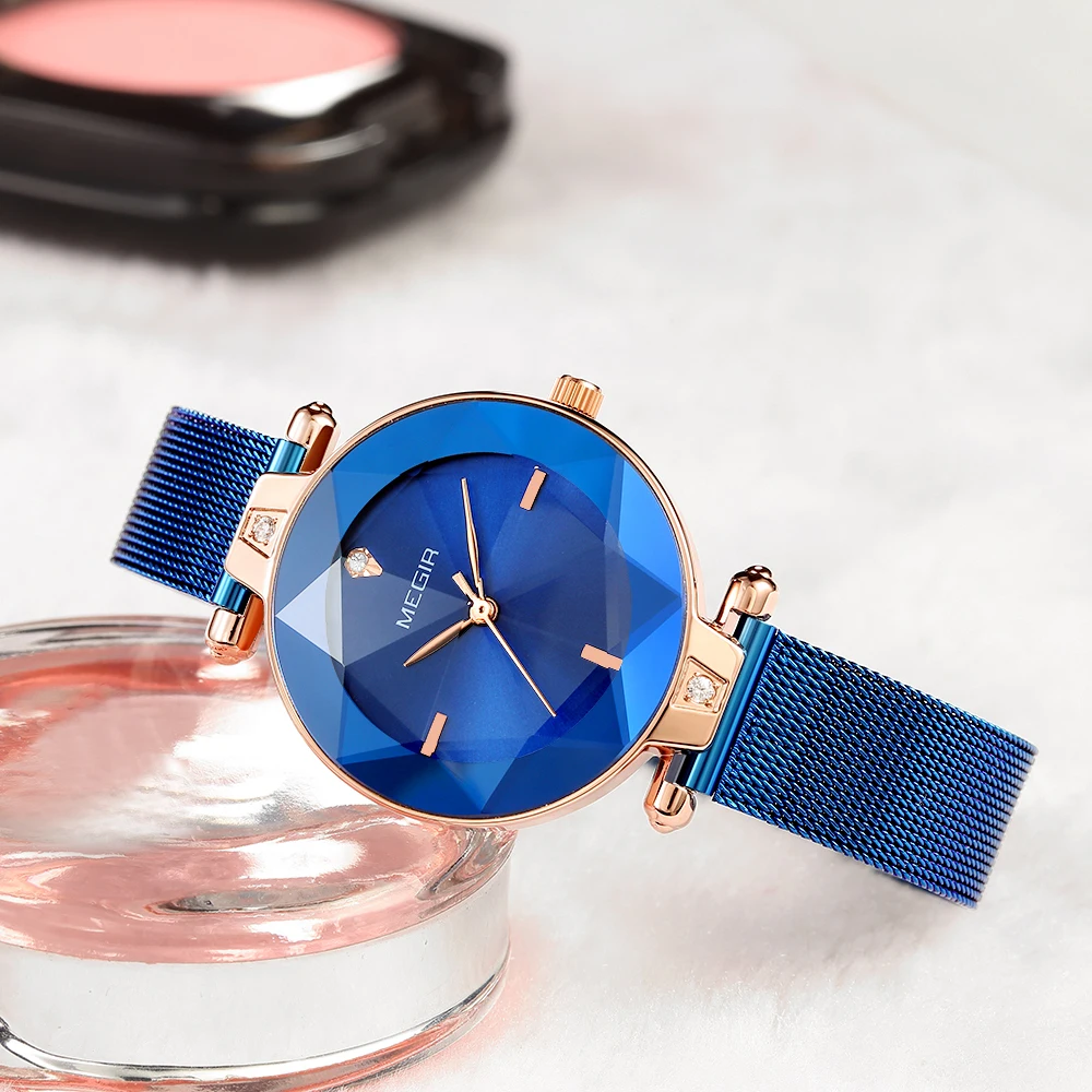 Женские наручные часы MEGIR синие кварцевые аналоговые с кристаллами брендовые
