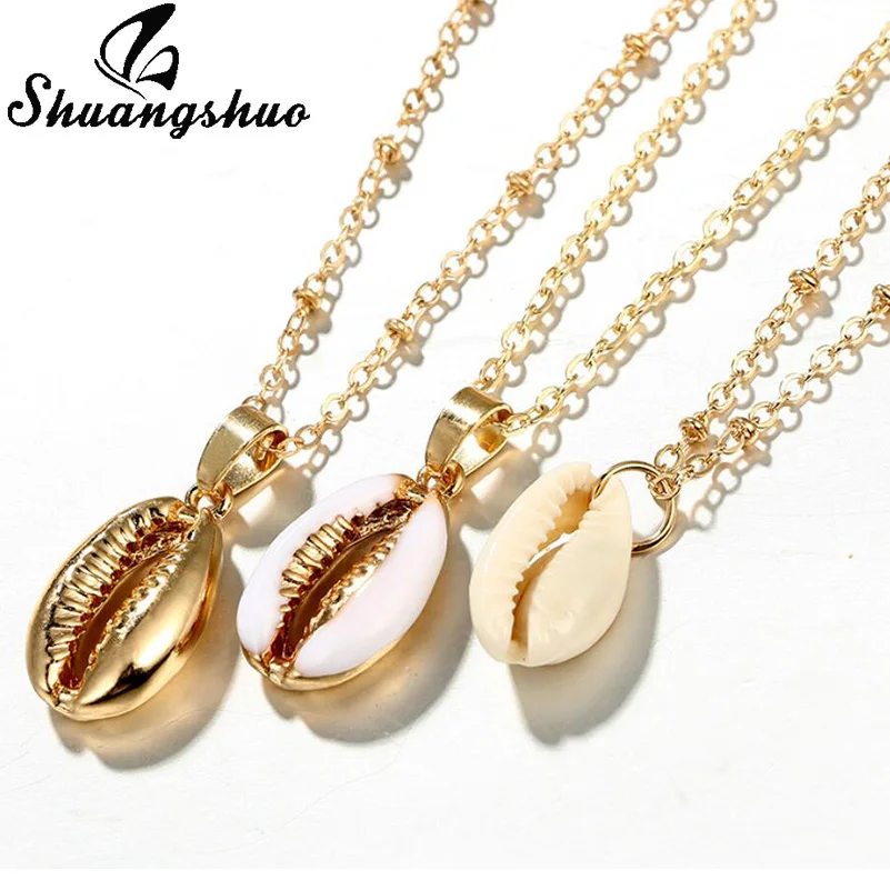 

Shuangshuo New Bohemian Three Layers of Shell Pendant Necklace Natural Shell Gold Cowrie Women Cowry Seashell Necklace Jewelry