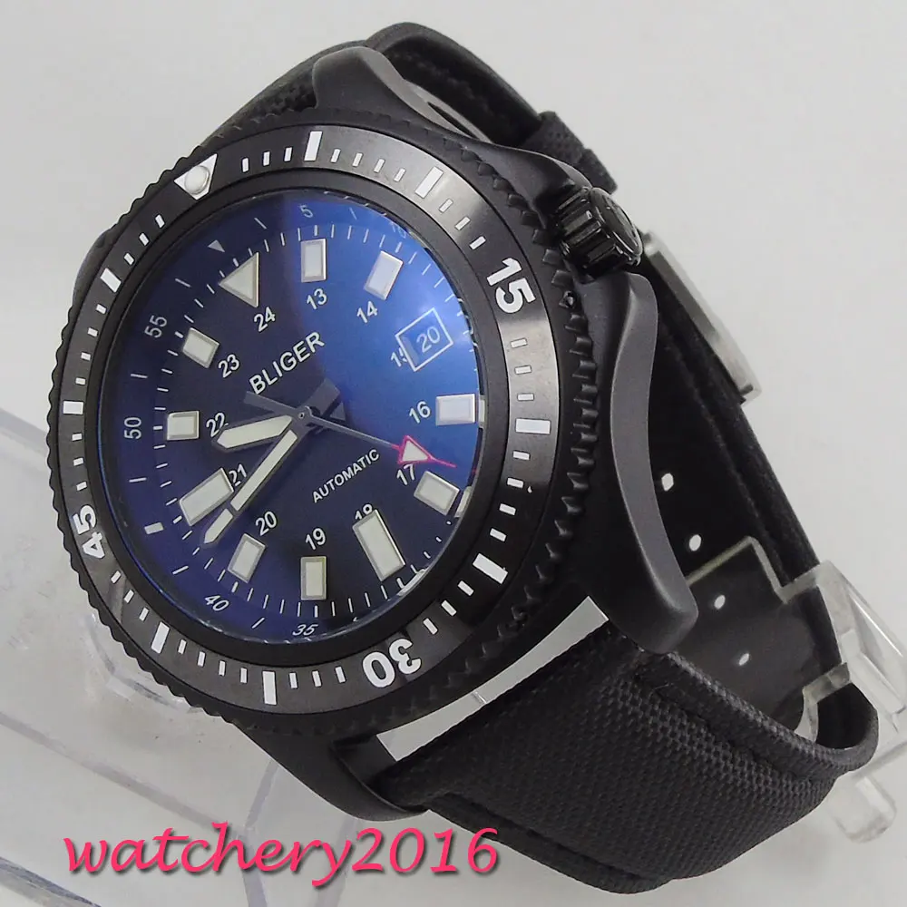 

mens watches top brand luxury automatic mechanical 44mm Bliger Black Dial PVD Rotating Bezel Date Steel LUMINOUS men's Watch