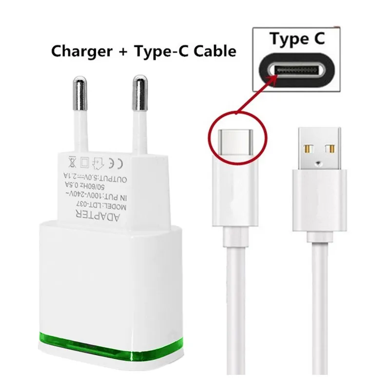 5 в 2.1A ЕС штекер светодиодный светильник 2 USB адаптер настенное зарядное устройство для huawei honor 20 10 play v20 v10 mate 9 plus 10 pro p9 p10 type C кабель - Тип штекера: EU Charger and Cable