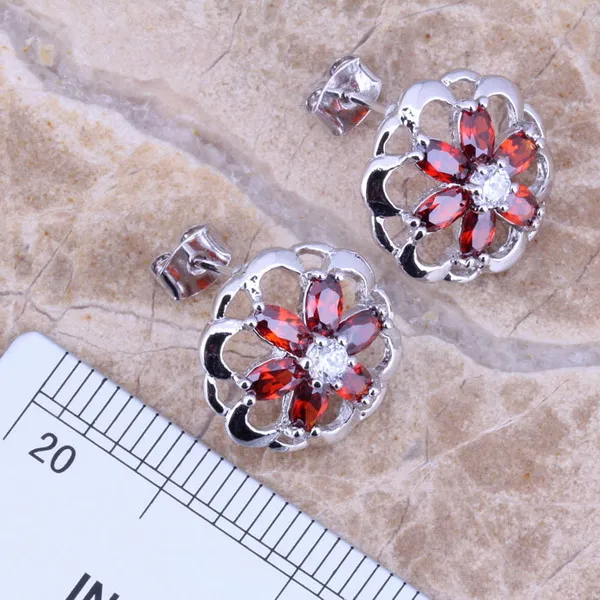 Shiny Red Garnet Silver Plated Jewelry Sets Earrings Pendant Ring Size 5.5 - 8 S0136 | Украшения и аксессуары