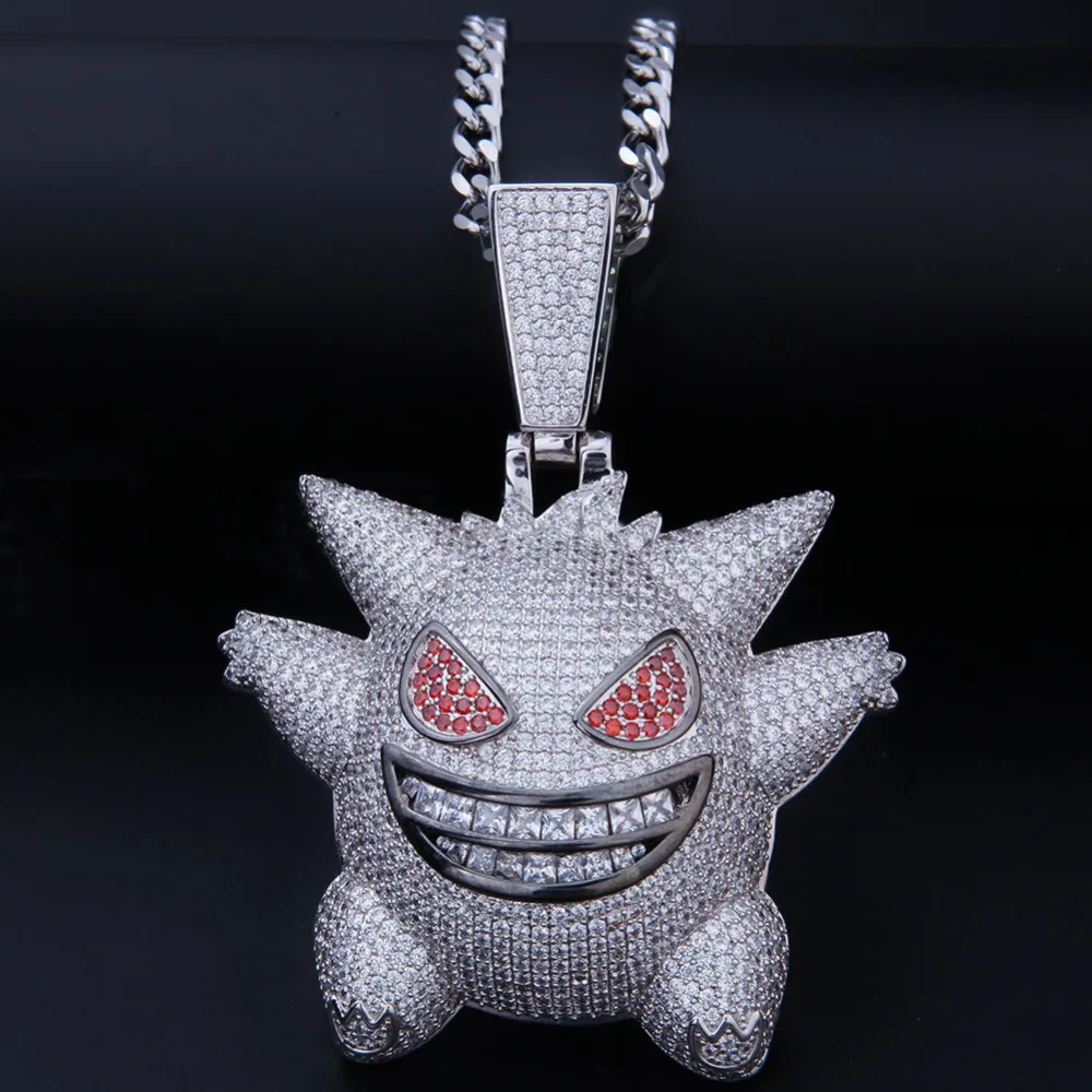 Новое поступление розовая большая маска покемона Gengar кулон ожерелье для мужчин хип хоп AAA CZ Циркон Bling Ice Out Rapper ювелирные изделия 2" кубинская цепь