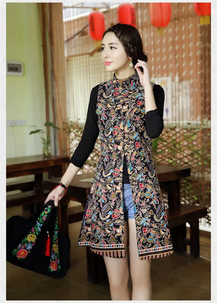 Woman Vest New Arrival Chinese Style Women Sleeveless Jacket Vintage Print Long Slim Ethnic Waistcoat Cotton Linen Tops f1073