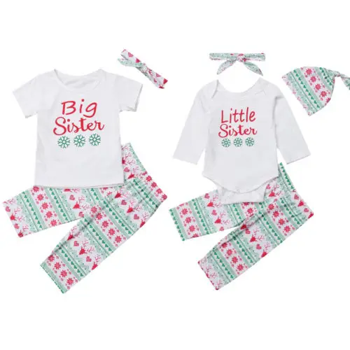 2018 Brand Little/Big Sister Matching Christmas Clothes Baby Girls Tops Romper+Pants Set | Мать и ребенок