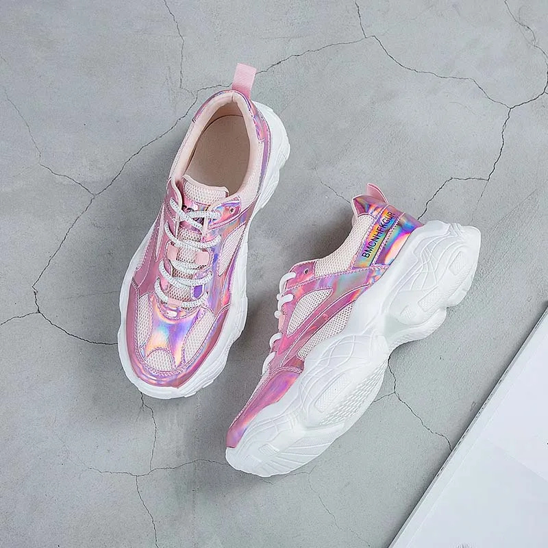 Повседневная обувь; женские кроссовки на массивной платформе; chaussures femme; сезон весна; Новинка; zapatos de mujer; цвет розовый; Женская обувь в стиле пэчворк; Цвет Серебристый