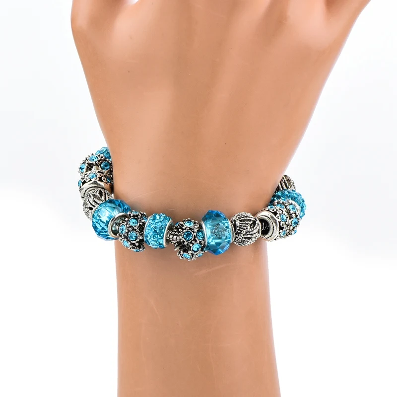 Браслет женский из серебра 2019 пробы с голубыми кристаллами|charm jewelry|bracelet friendshipwomen