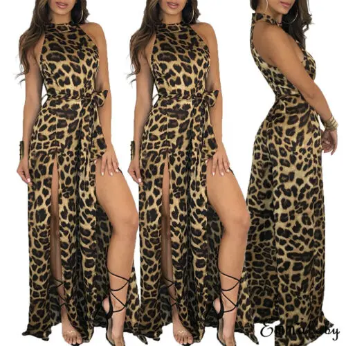 Американский женский сексуальный леопардовый длинный комбинезон без рукавов