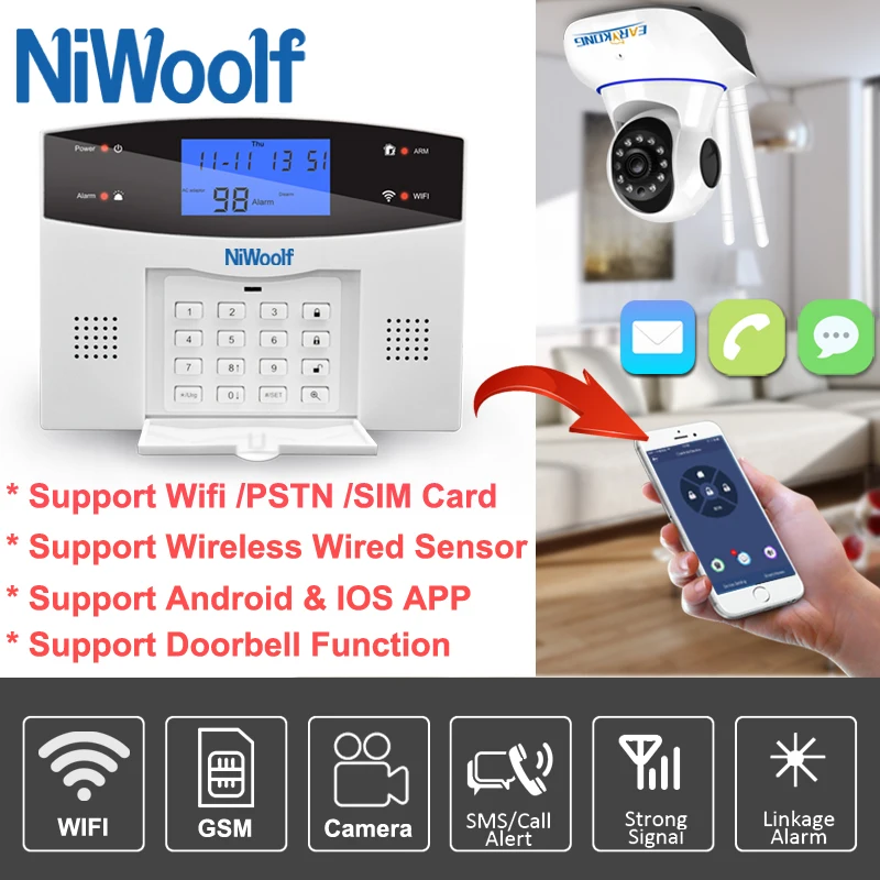 Wifi PSTN GSM сигнализация совместима с 433 МГц беспроводной/проводной детектор датчик двери сигнализация Умный дом релейный выход телефон приложение