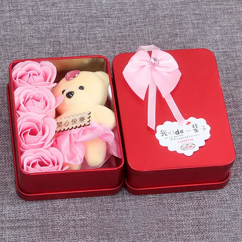 pink 4flower1bear Букет невесты Мода Высокое качество PU искусственный цветок 3/4/6 шт. розы медведь цветок мыла подарочной коробке на День святого Валентина, подарок на День Матери Свадебные год подарок для жены - Цвет: pink 4flower1bear
