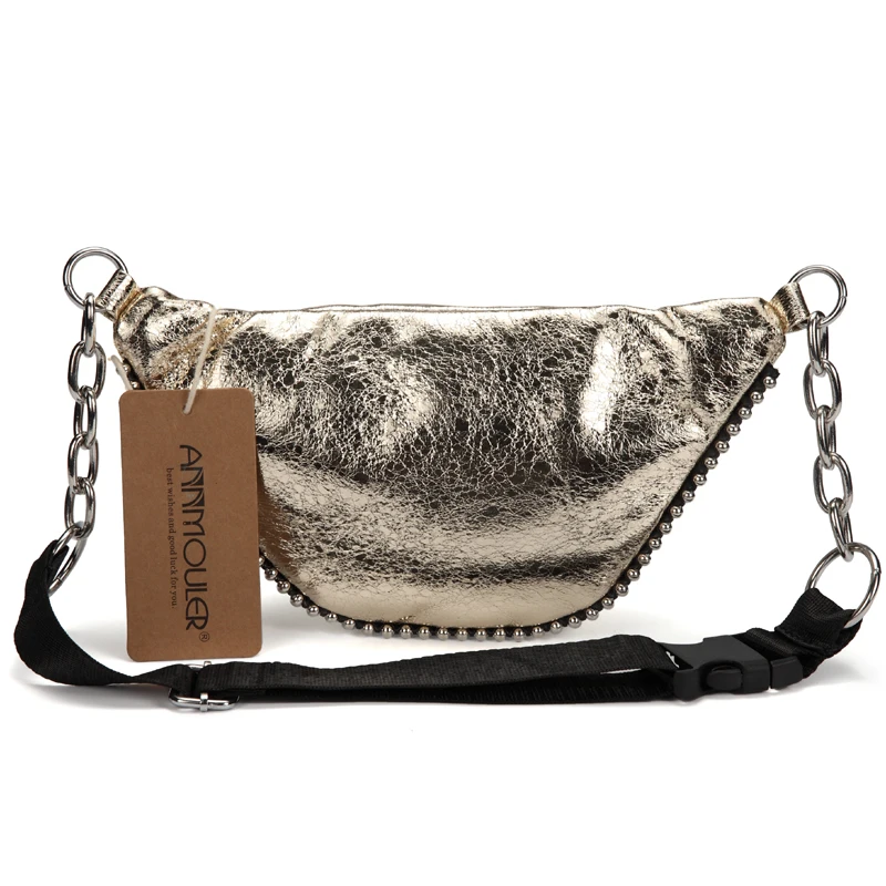 Annmouler Fashion Women Chest Bag Large Pu Leather Waist Belt Chain Fanny Pack 3 Colors Phone with Beads | Багаж и сумки