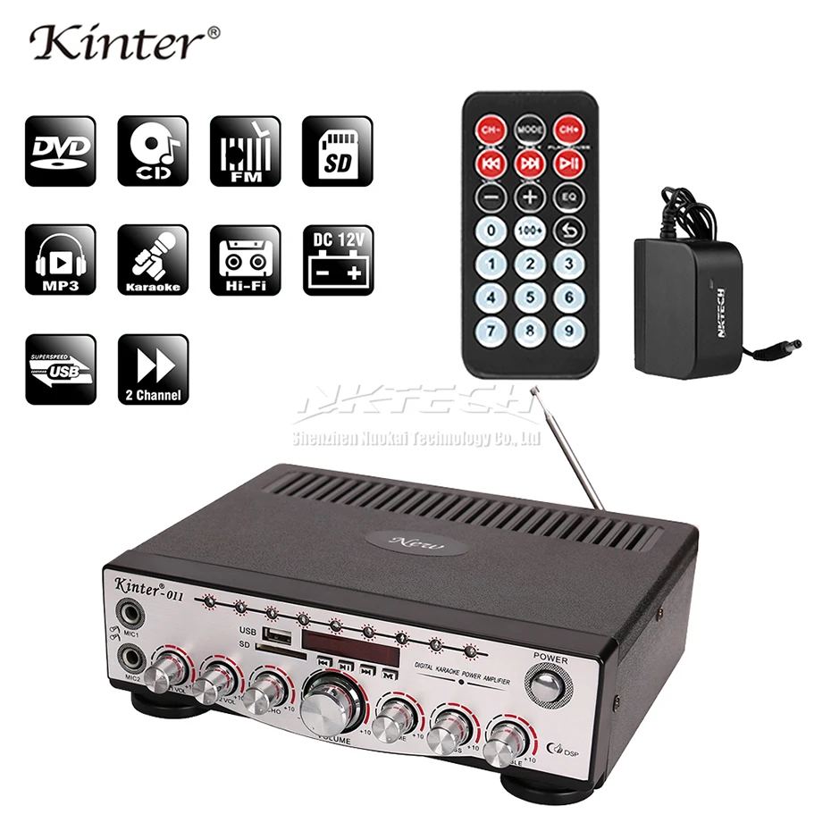 Автомобильный усилитель мощности Kinter-011 цифровой аудио плеер 2CH 30 Вт Hi-Fi стерео DSP AUX VCD DVD FM MIC1 MIC2 VOL тон караоке эхо время