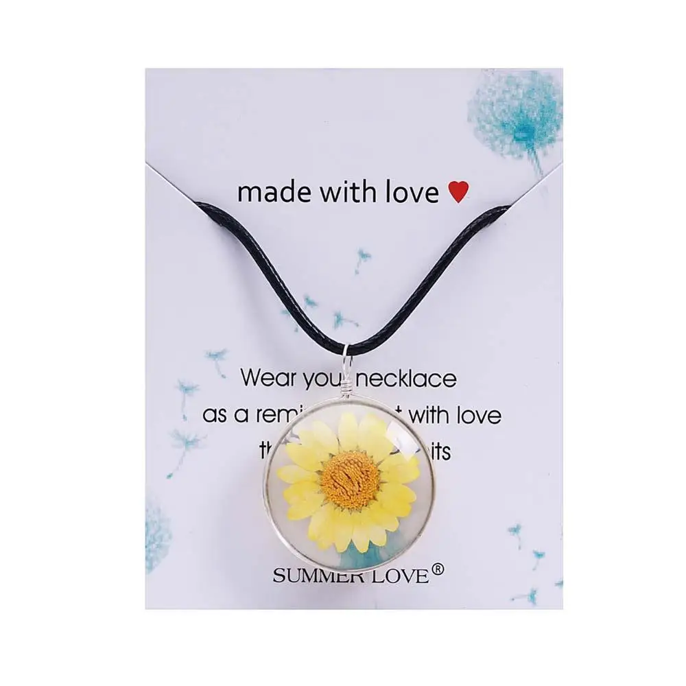 Yellow Модный милый кулон с высушенным цветком, ожерелье для женщин, девушек, прозрачное Круглое стекло, ожерелье, s чокер, детские ювелирные изделия, подарок - Окраска металла: Yellow