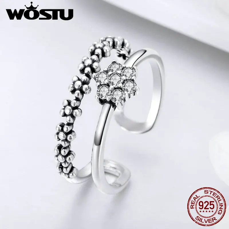 WOSTU Настоящее 925 пробы серебро Штабелируемый цветок открытые кольца на палец для
