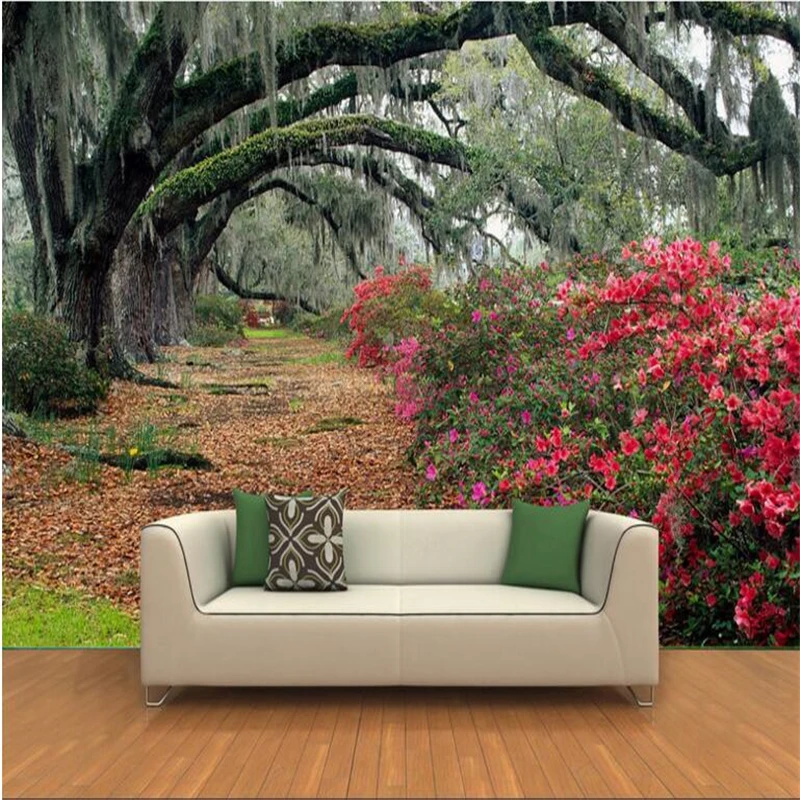 3d обои большого размера высокой четкости лес цветы морская дорога пейзаж