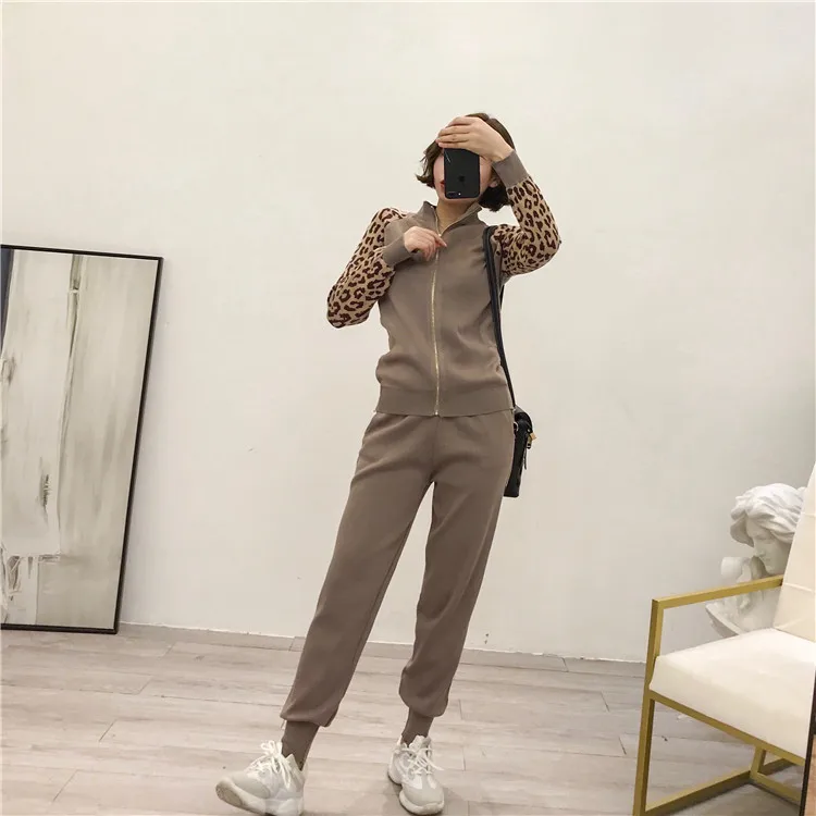 ALPHALMODA, Леопардовый принт, рукав, молния, вязаный кардиган+ брюки-карандаш, женская мода, трендовые костюмы, тонкая куртка, брюки, наборы
