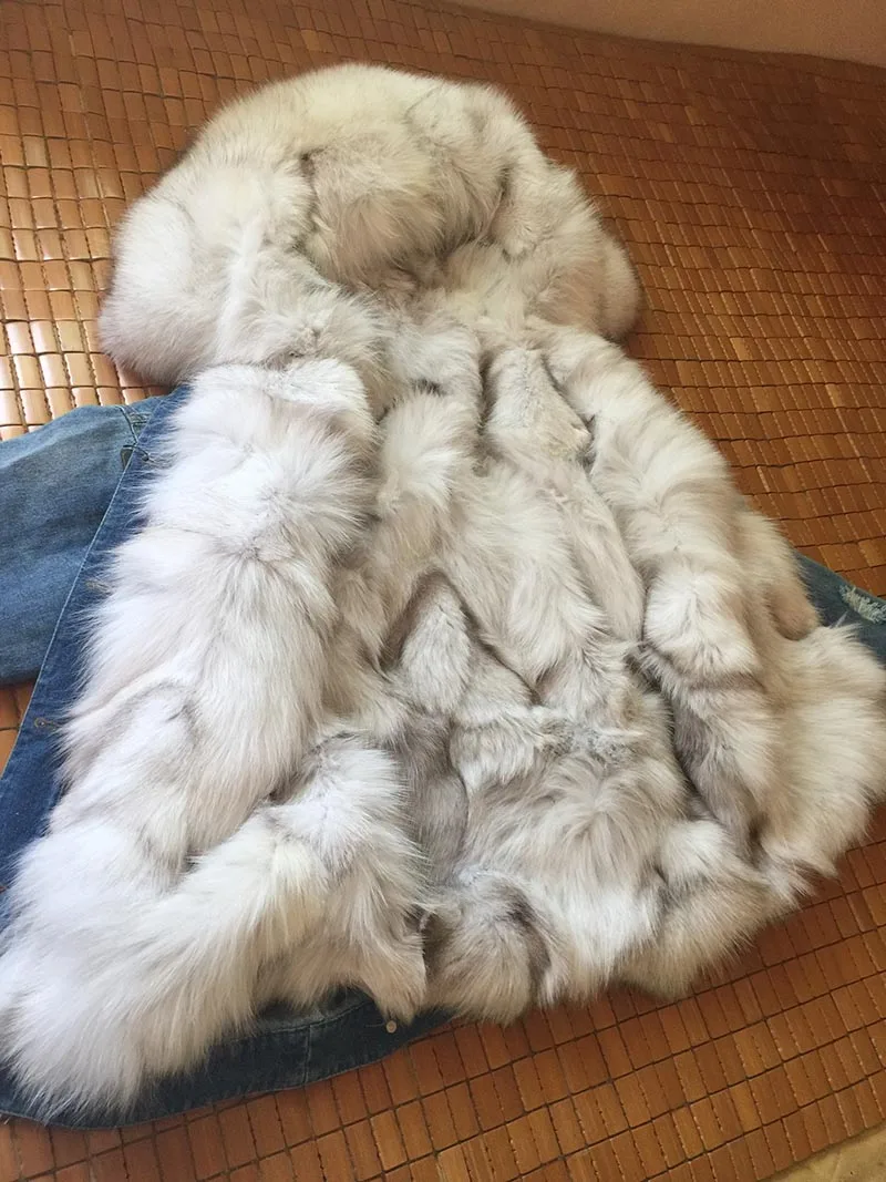 Меховое пальто для женщин, большие размеры, Корейская одежда, парка, Лисий мех, подкладка из натурального меха енота, джинсовая куртка, Толстая теплая верхняя одежда