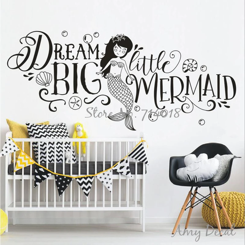 Dream Big Little Mermaid Wall Sticker Girls Nursery Decor Cute Quote Stickers Kids Room Decoration Vinyl Mural A868 | Дом и сад