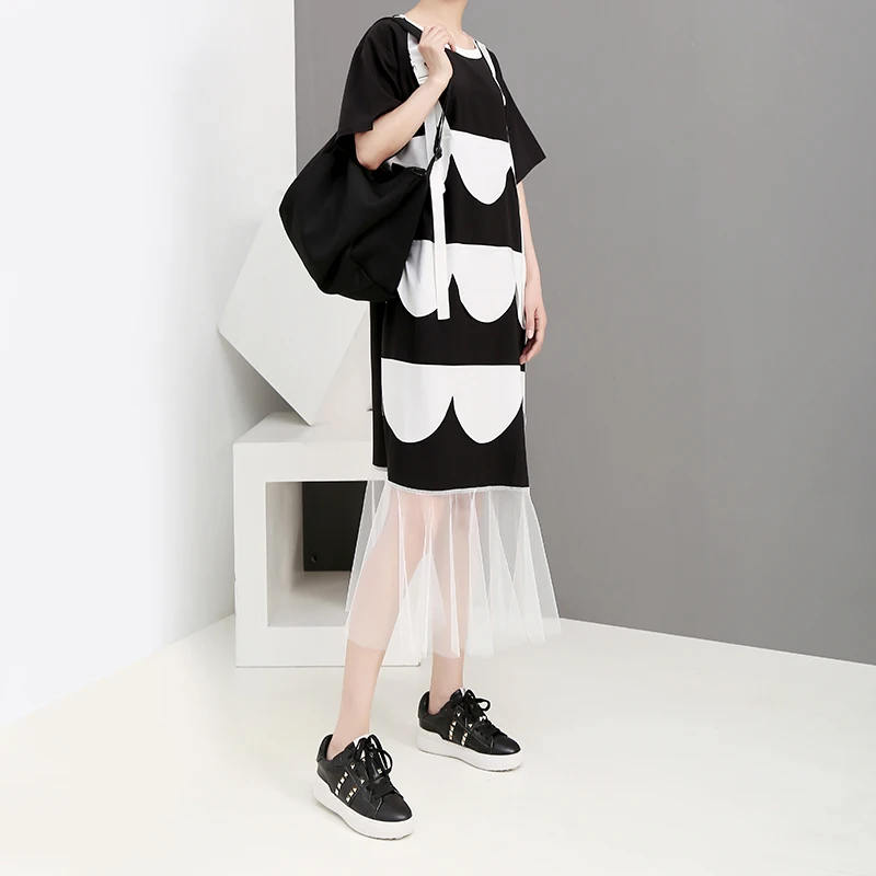 2019 корейское женское летнее черное платье футболка с геометрическими
