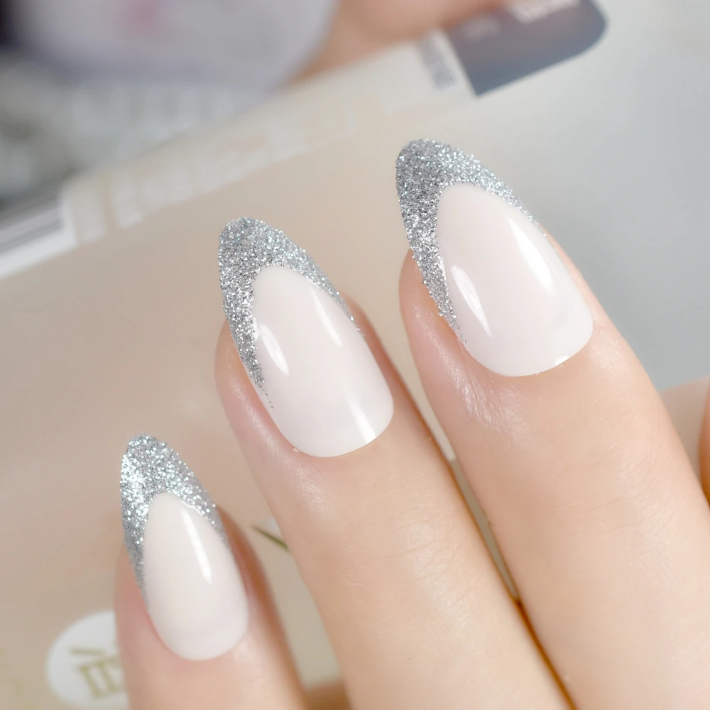 Бежевый миндаль Дизайн Типсы комплект блеск V Форма средней точкой стилет Ложные